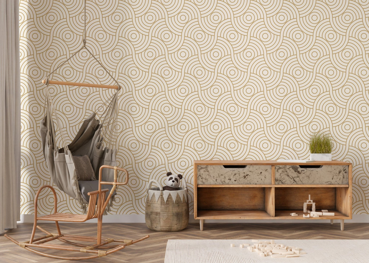 Gold Color Circle Abstract Wave Stripe Luxury Wallpaper in a room with a wooden cabinet.