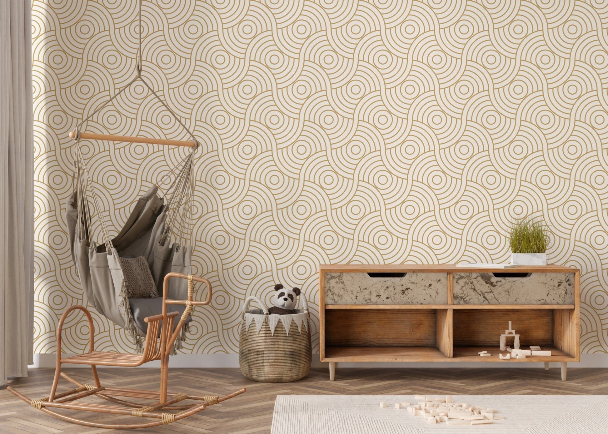 Gold Color Circle Abstract Wave Stripe Luxury Wallpaper in a room with a wooden cabinet.