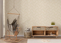 Gold Color Circle Abstract Wave Stripe Luxury Wallpaper in a room with a wooden cabinet.