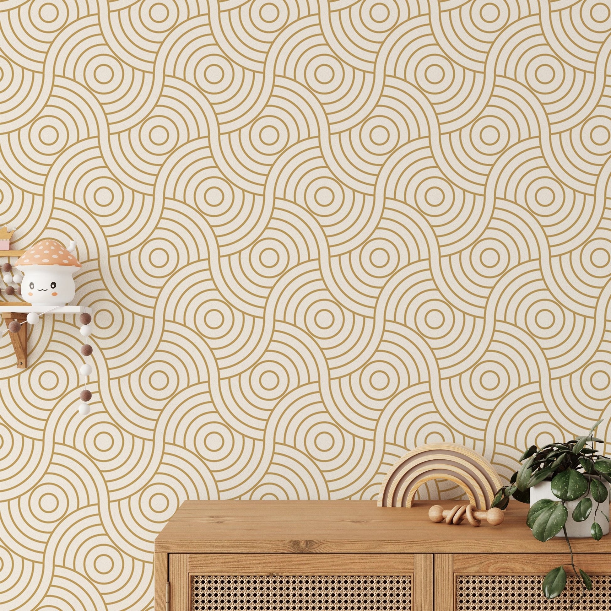 Wooden storage unit set against a gold wave stripe patterned wallpaper.