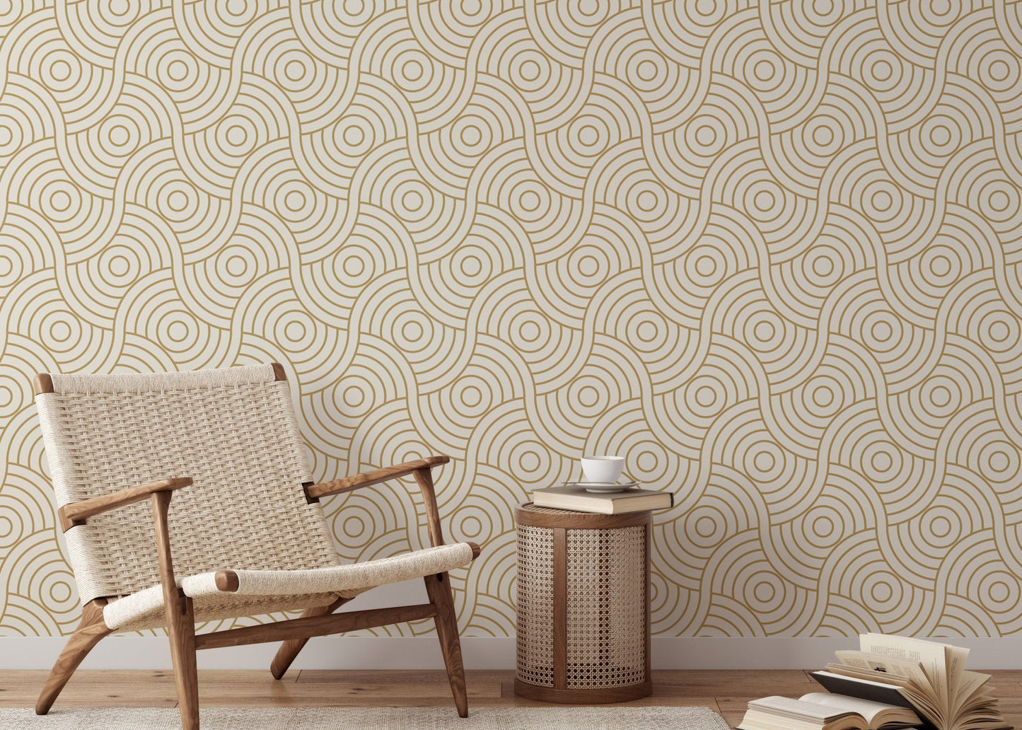 Minimalist chair and side table against a gold circle stripe wallpaper.