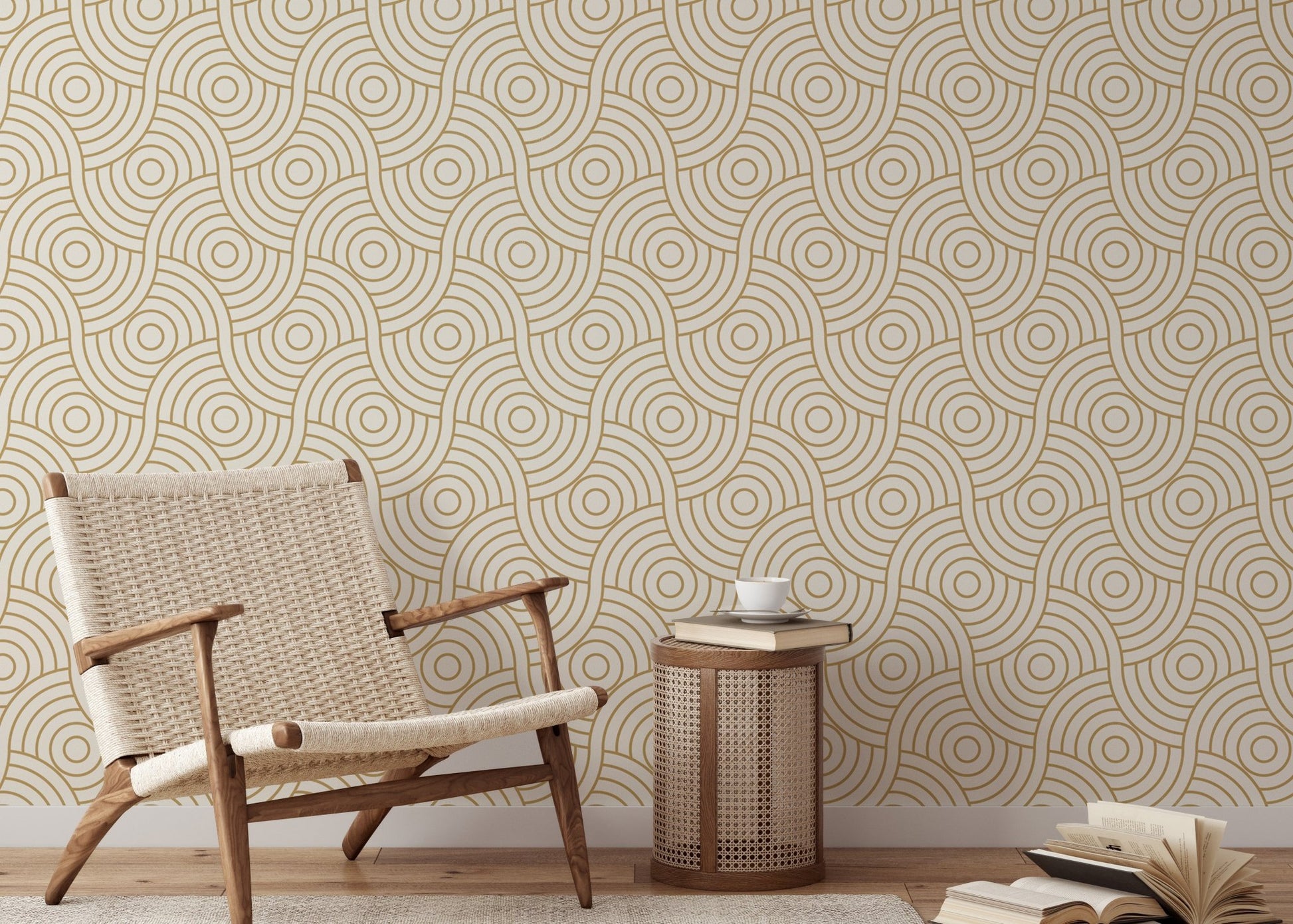 Minimalist chair and side table against a gold circle stripe wallpaper.