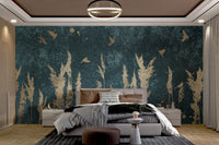 Teal wall mural with metallic gold reed patterns for modern bedroom.