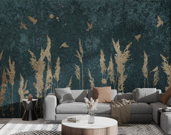 Textured dark blue wall mural featuring golden grass and bird silhouettes.