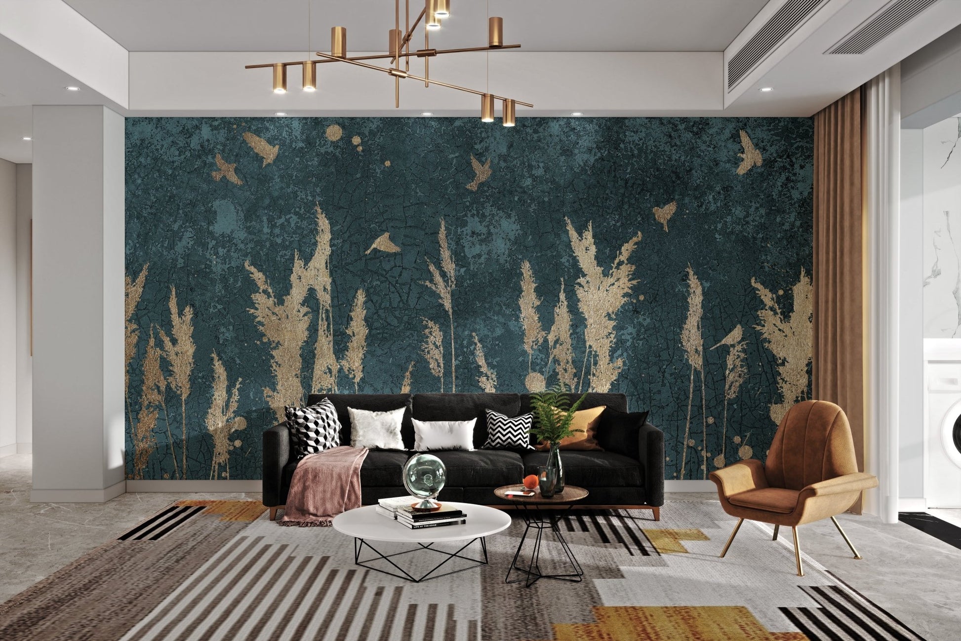 Gold Color Reeds and Birds Wall mural installed in a modern living space.