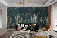 Gold Color Reeds and Birds Wall mural installed in a modern living space.