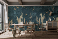 Gold Color Reeds and Birds mural in a dining area with dark teal background.