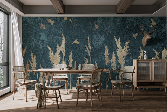 Gold Color Reeds and Birds mural in a dining area with dark teal background.