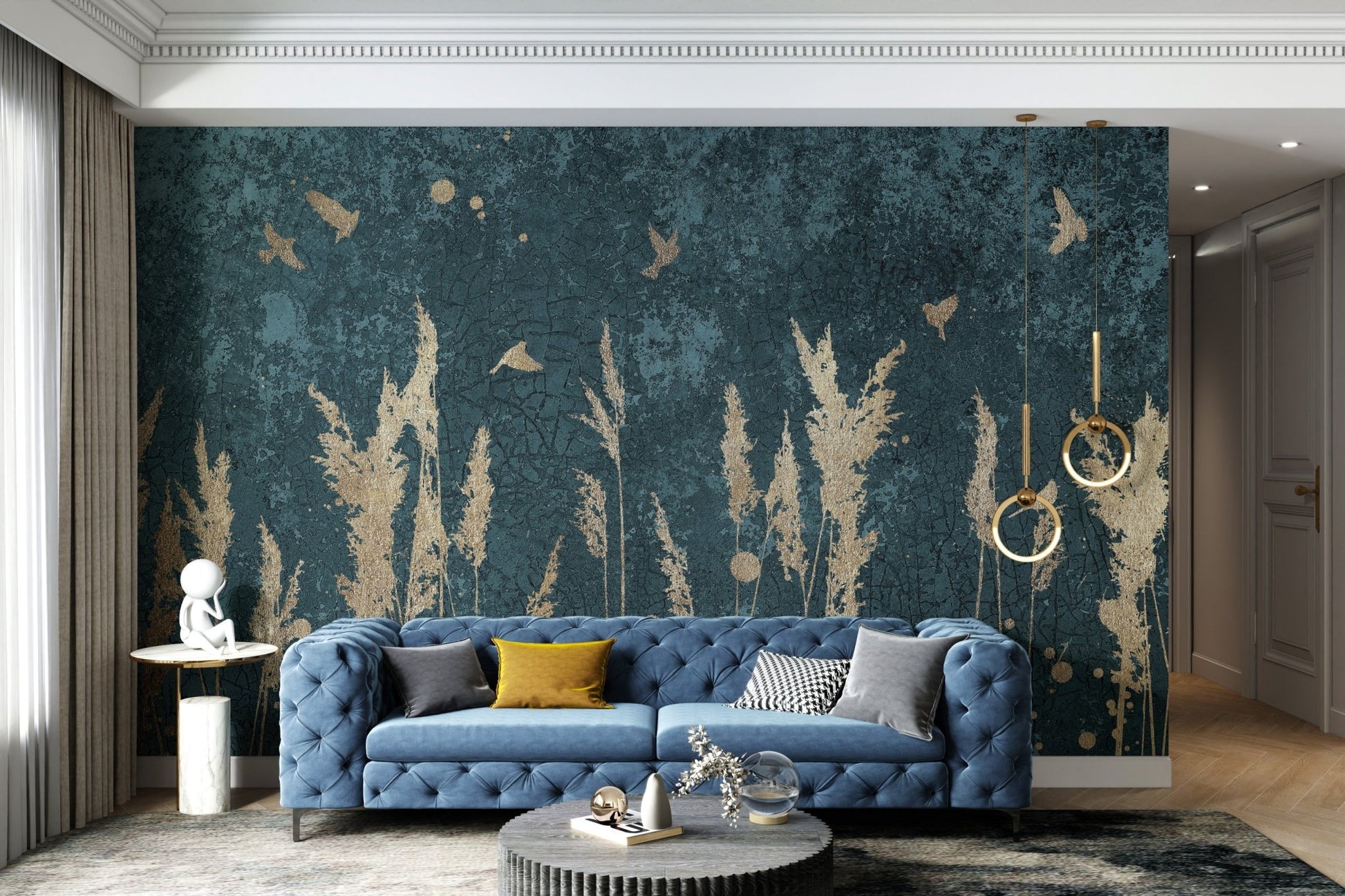 Living room wall mural with dark teal base and gold nature inspired graphics.