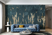 Living room wall mural with dark teal base and gold nature inspired graphics.