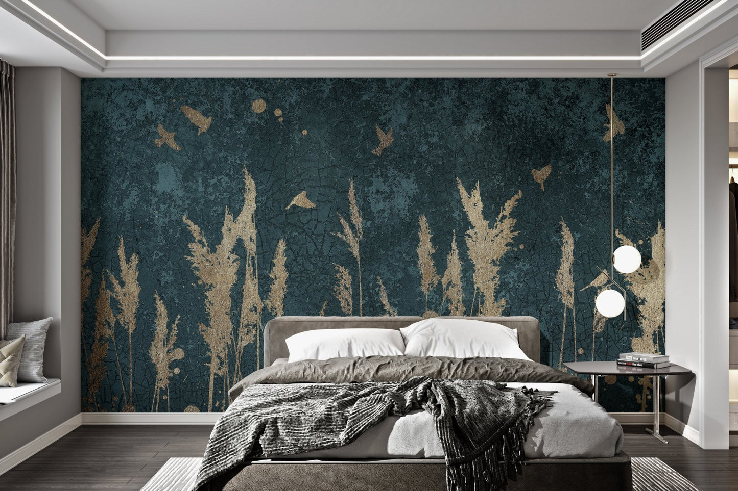 Gold Color Reeds and Birds mural used as a full height bedroom feature wall.
