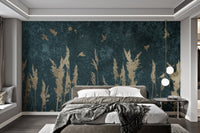 Gold Color Reeds and Birds mural used as a full height bedroom feature wall.