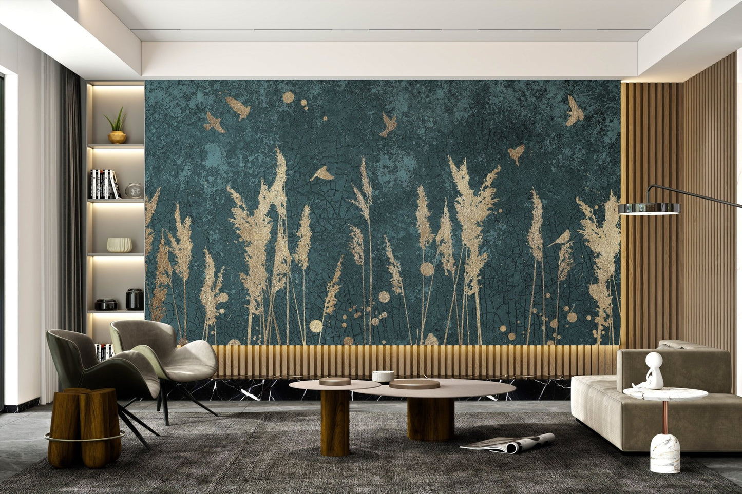 Abstract teal wall mural with vertical gold reed stalks and avian elements.