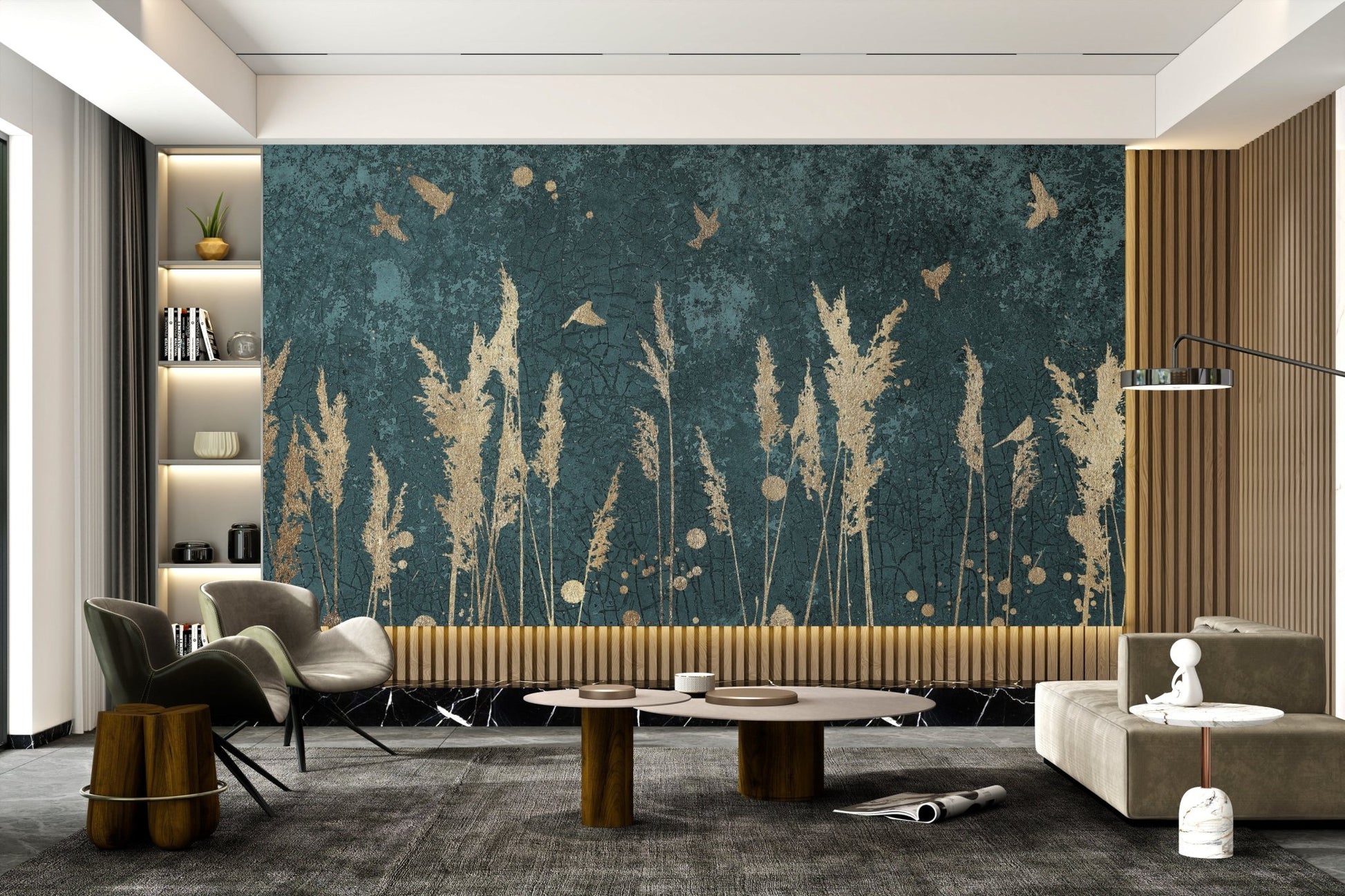 Abstract teal wall mural with vertical gold reed stalks and avian elements.