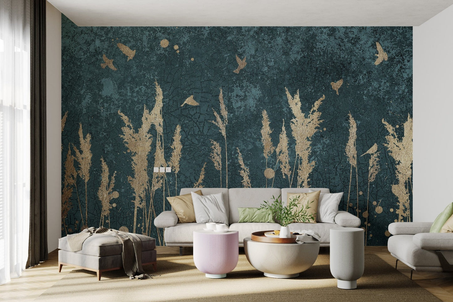 Living room wall mural with gold reed silhouettes and small bird figures.