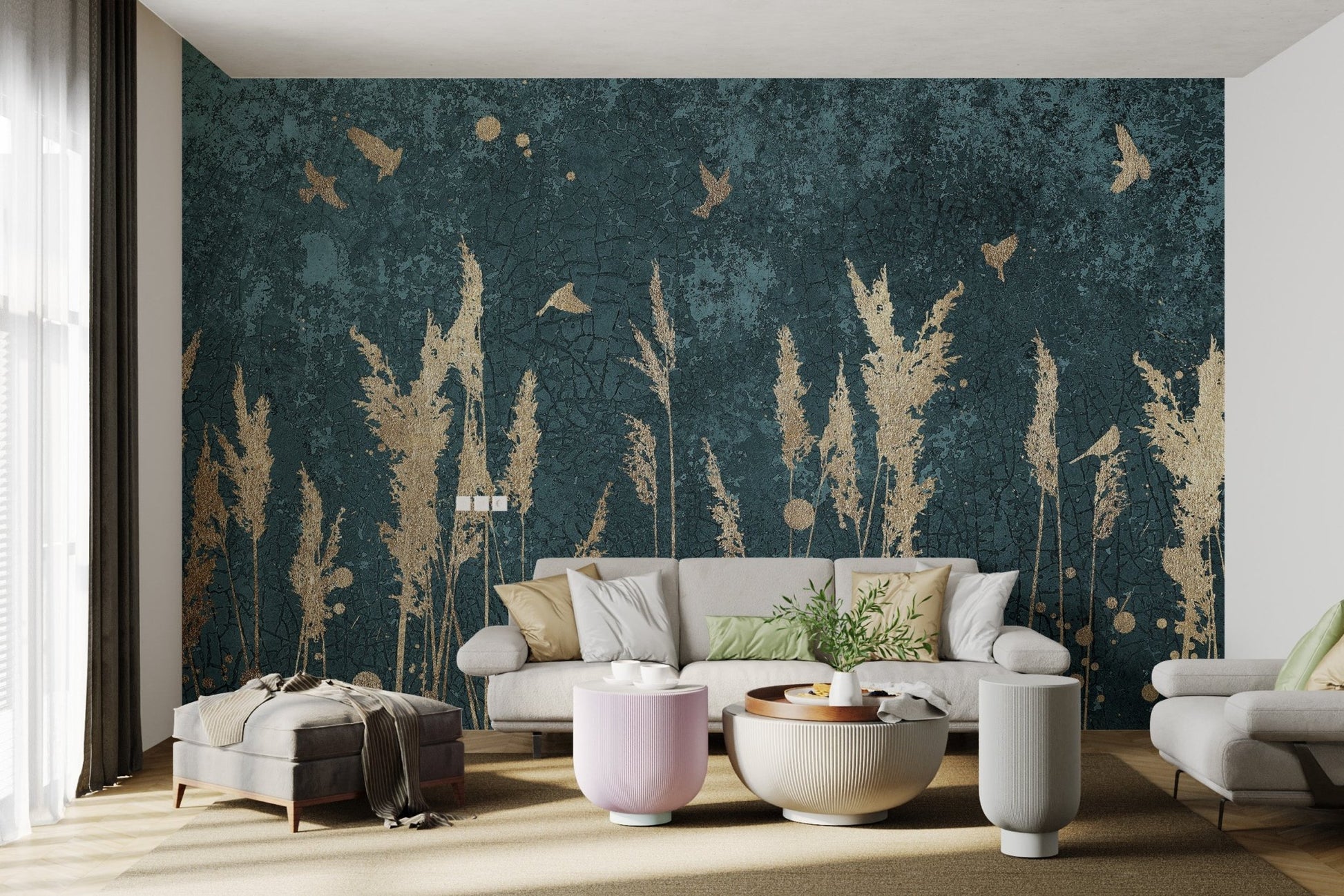 Living room wall mural with gold reed silhouettes and small bird figures.