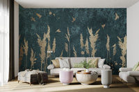 Living room wall mural with gold reed silhouettes and small bird figures.
