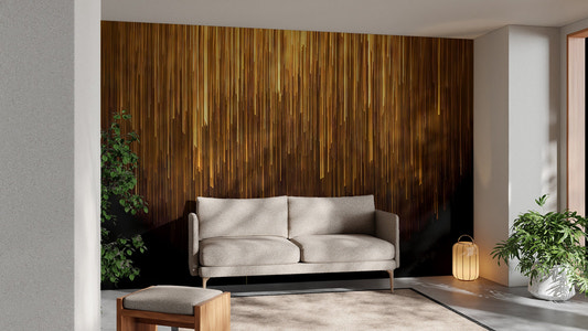 Abstract gold line wall mural with glowing drops and modern wall decor tone.