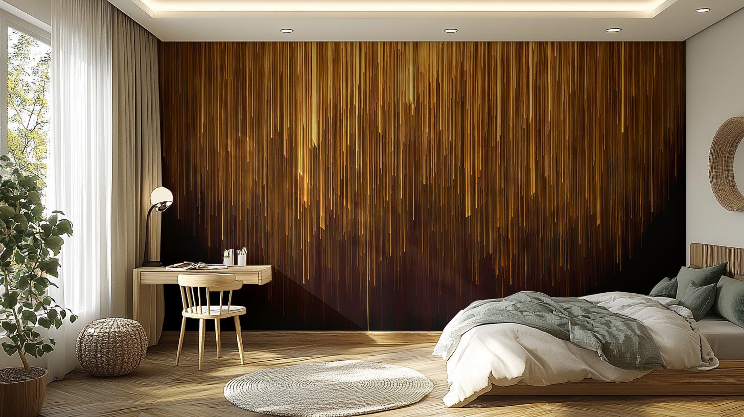Gold geometric line wallpaper mural with vertical light streaks on dark base.