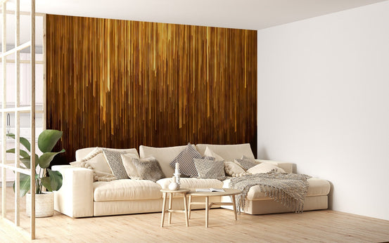 Modern gold shimmer wall mural with cascading light lines and gradient depth.