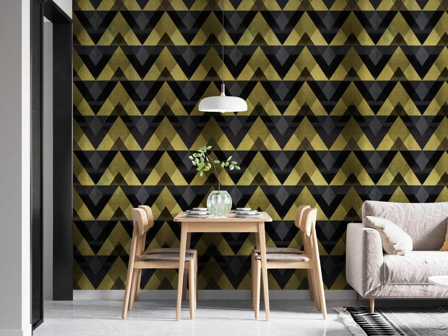 Contemporary dining room featuring gold zigzag geometric wallpaper.
