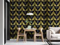 Contemporary dining room featuring gold zigzag geometric wallpaper.