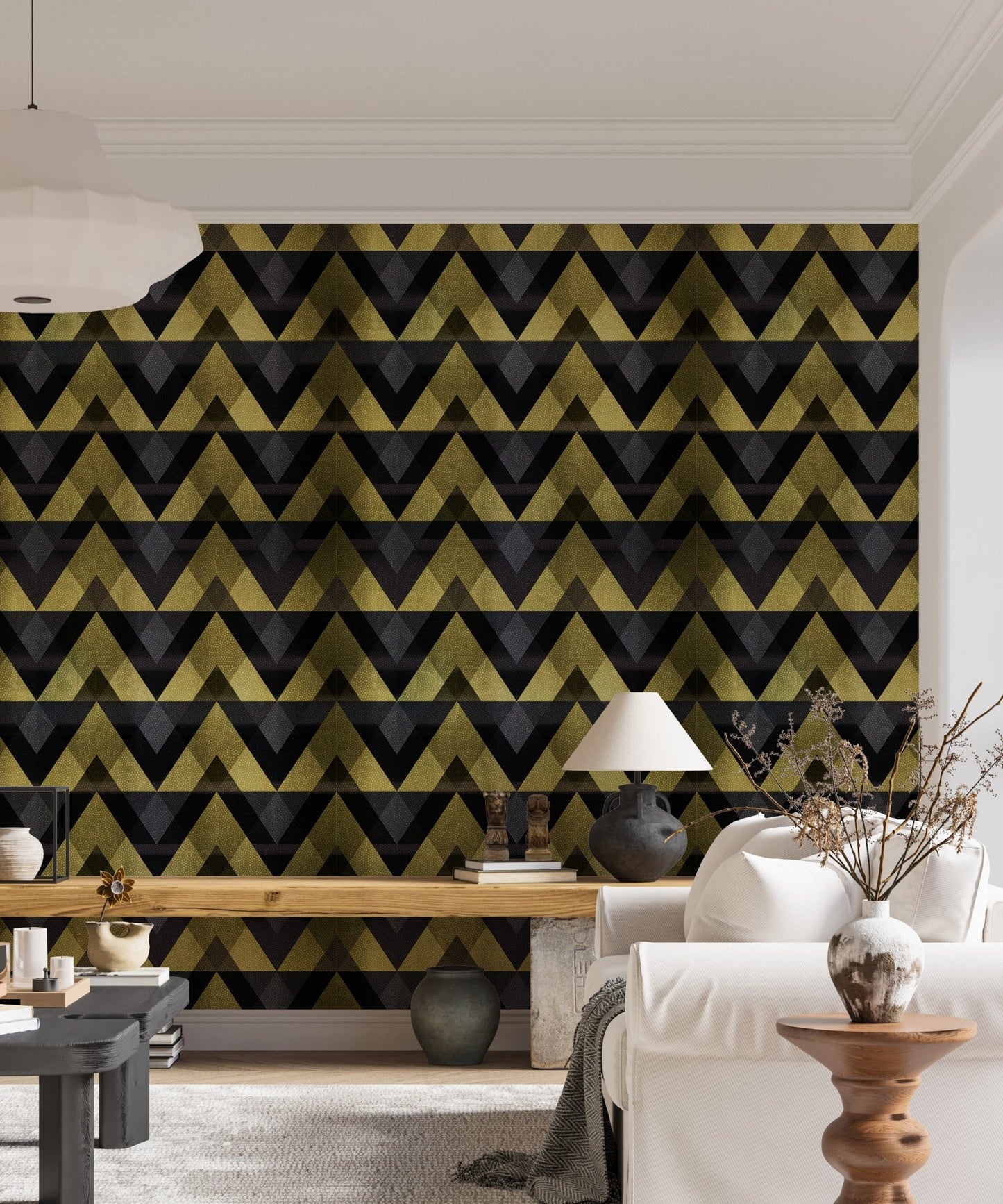 Living area with gold zigzag geometric wallpaper and white sofa.