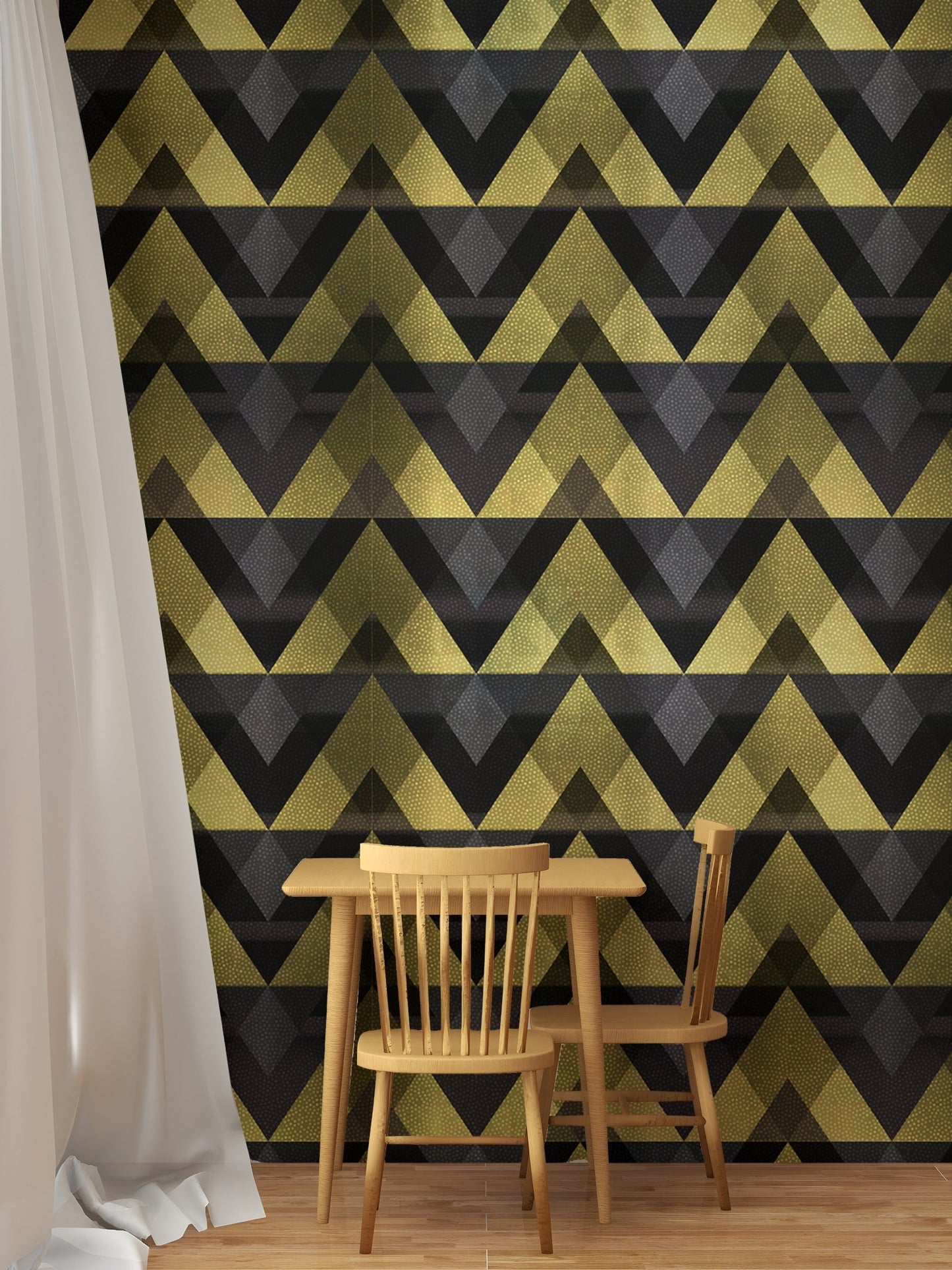 Dining area with gold and black geometric wallpaper and wooden chairs.