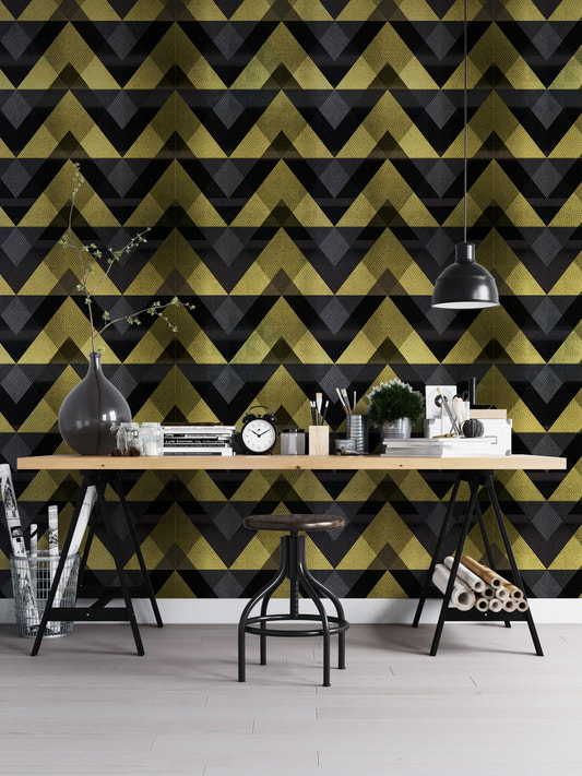 Modern office with Gold Zigzag Geometric Peel and Stick Wallpaper and wooden desk.