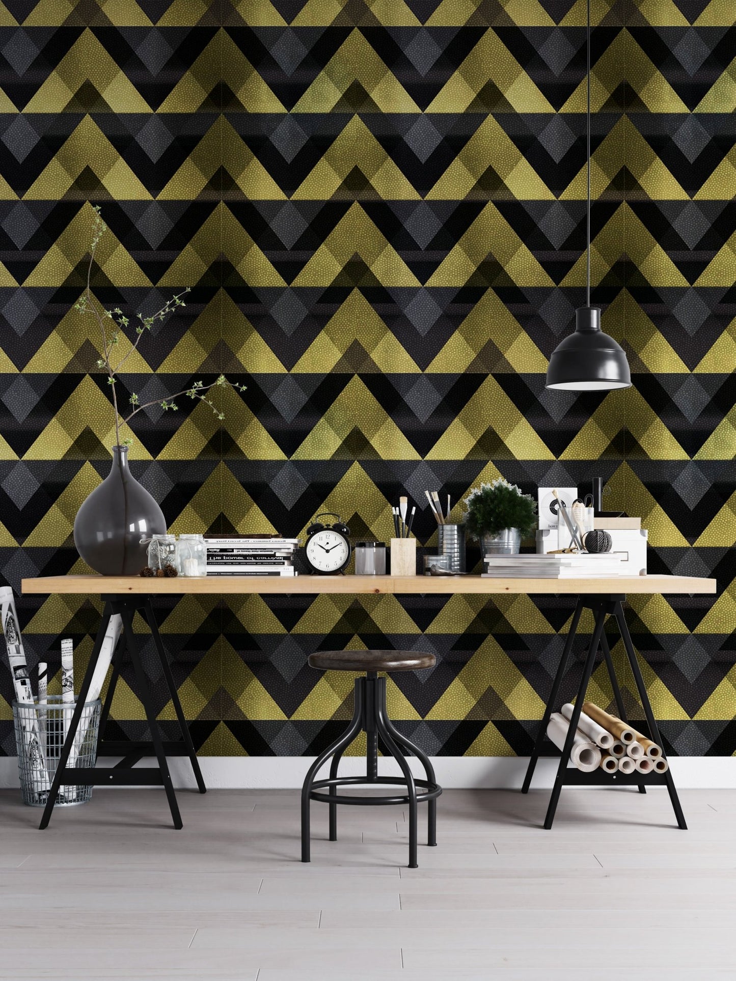 Modern office with Gold Zigzag Geometric Peel and Stick Wallpaper and wooden desk.