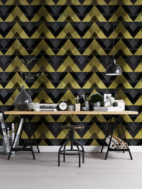 Modern office with Gold Zigzag Geometric Peel and Stick Wallpaper and wooden desk.