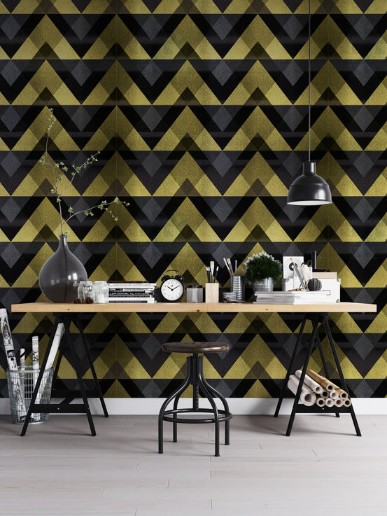 Modern office with Gold Zigzag Geometric Peel and Stick Wallpaper and wooden desk.