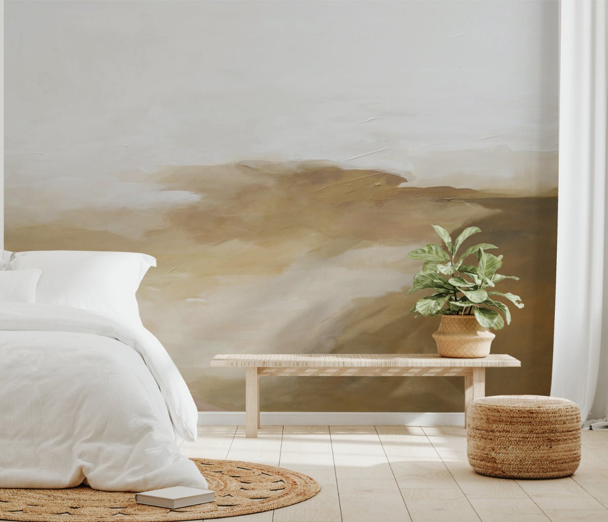 Textured brown paint stroke wall mural for bright bedroom.