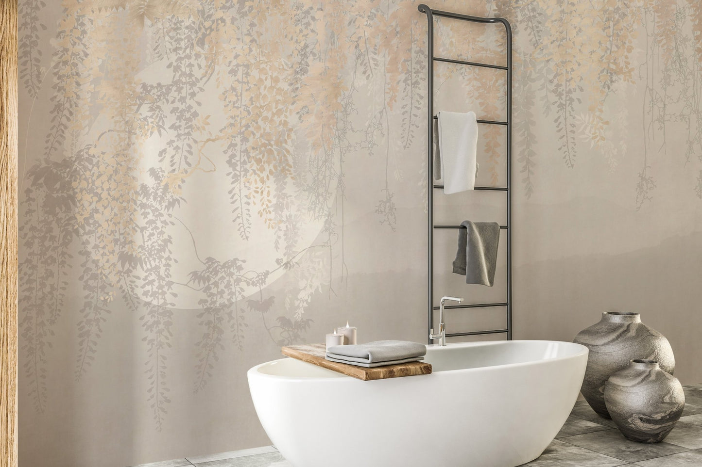 Grey botanical wall mural with metallic leaf accents in a minimalist bathroom.