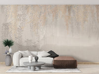 Modern living area wall mural featuring golden leaves and a white sofa.