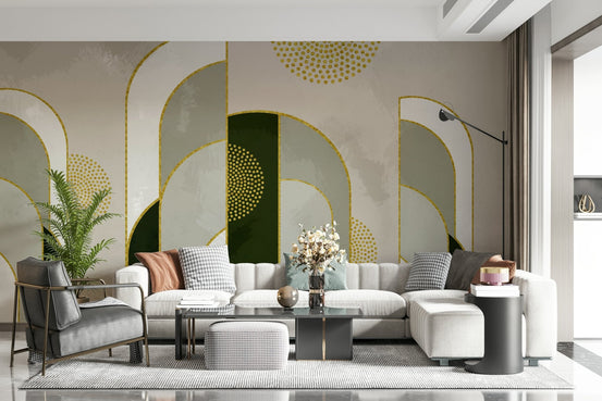 gray geometric mural arcs as feature wall