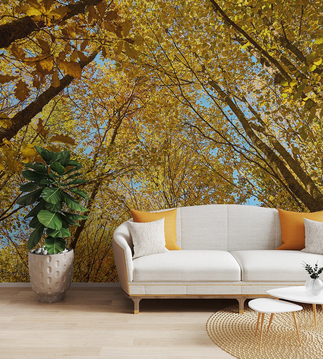 Warm gold forest canopy decorative wall mural.