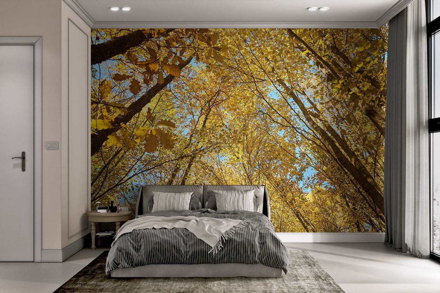 Vibrant yellow oak and maple leaf canopy wall mural.