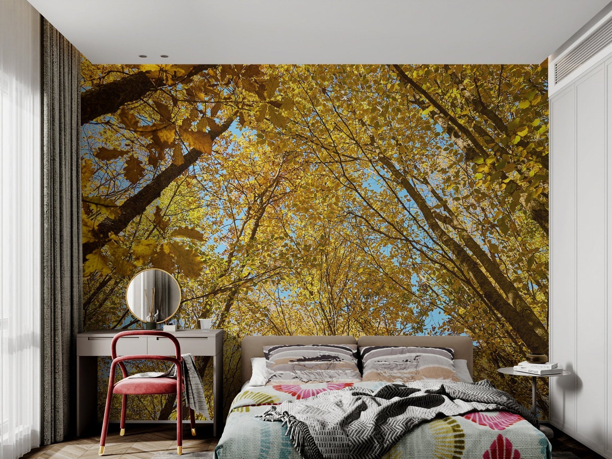 Bright autumn morning in a yellow leaf forest wallpaper.