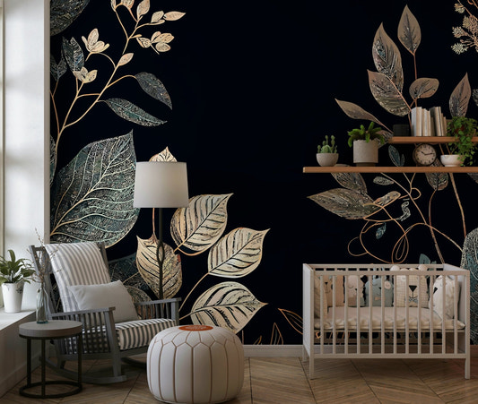 black gold leaf mural on accent wall