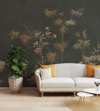 Dark textured wall mural with golden yellow bamboo for living room.