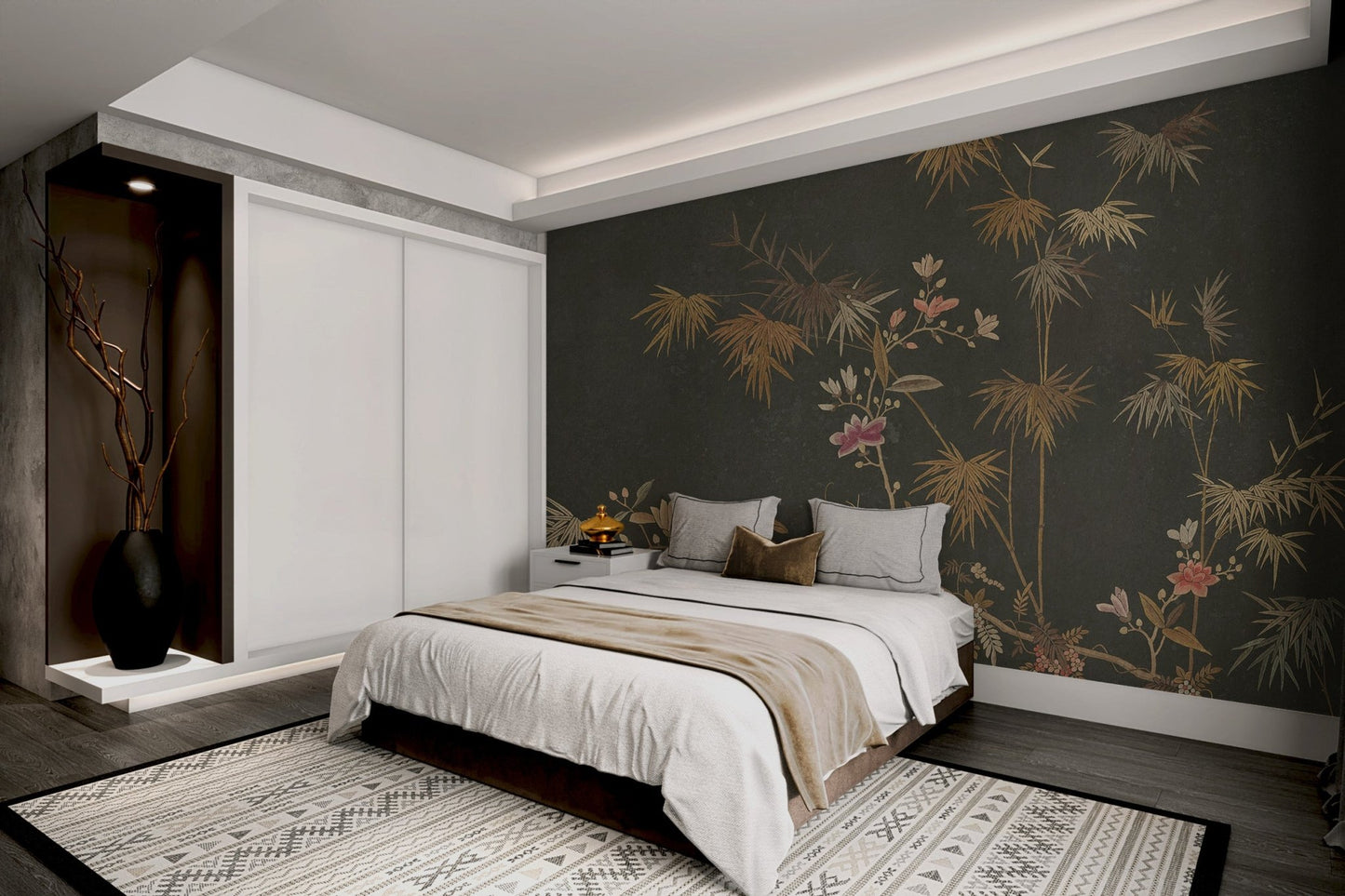 Dark charcoal backdrop with golden bamboo leaves and pink wall mural