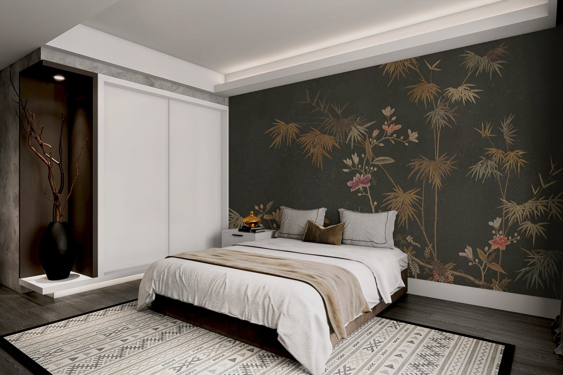 Dark charcoal backdrop with golden bamboo leaves and pink wall mural