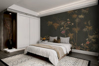 Dark charcoal backdrop with golden bamboo leaves and pink wall mural