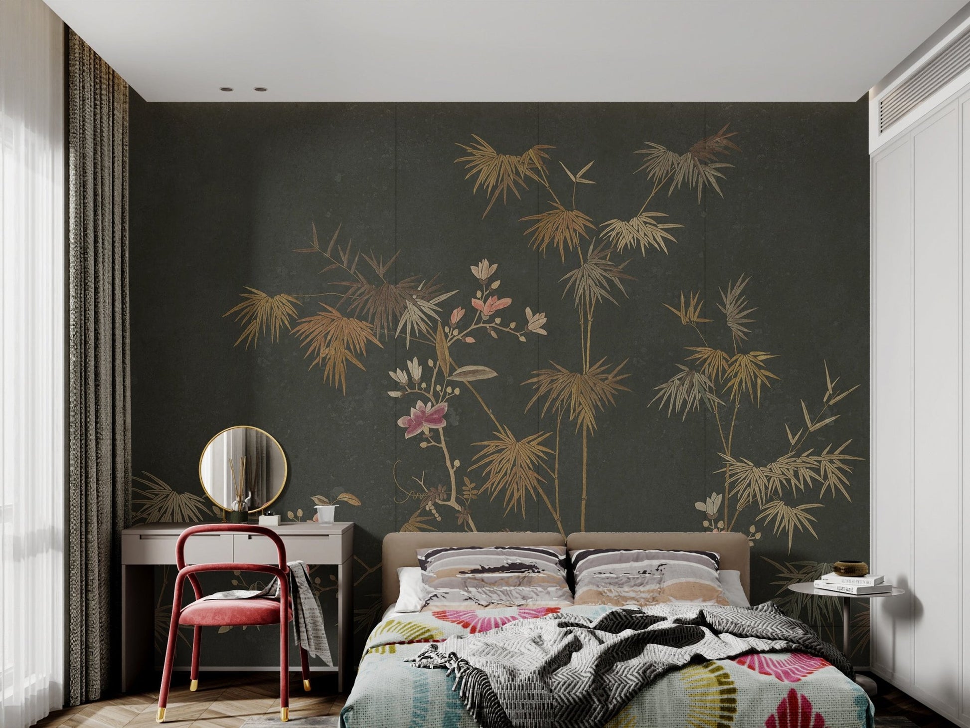Golden Bamboo Flower Wall Mural showcasing intricate floral for bedroom.