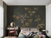 Golden Bamboo Flower Wall Mural showcasing intricate floral for bedroom.