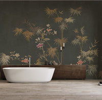 Vintage style charcoal wall mural with golden bamboo for bathroom.