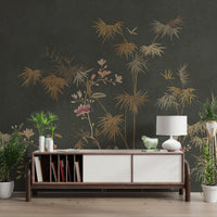 Asian inspired bamboo mural with delicate pink and white flowers.