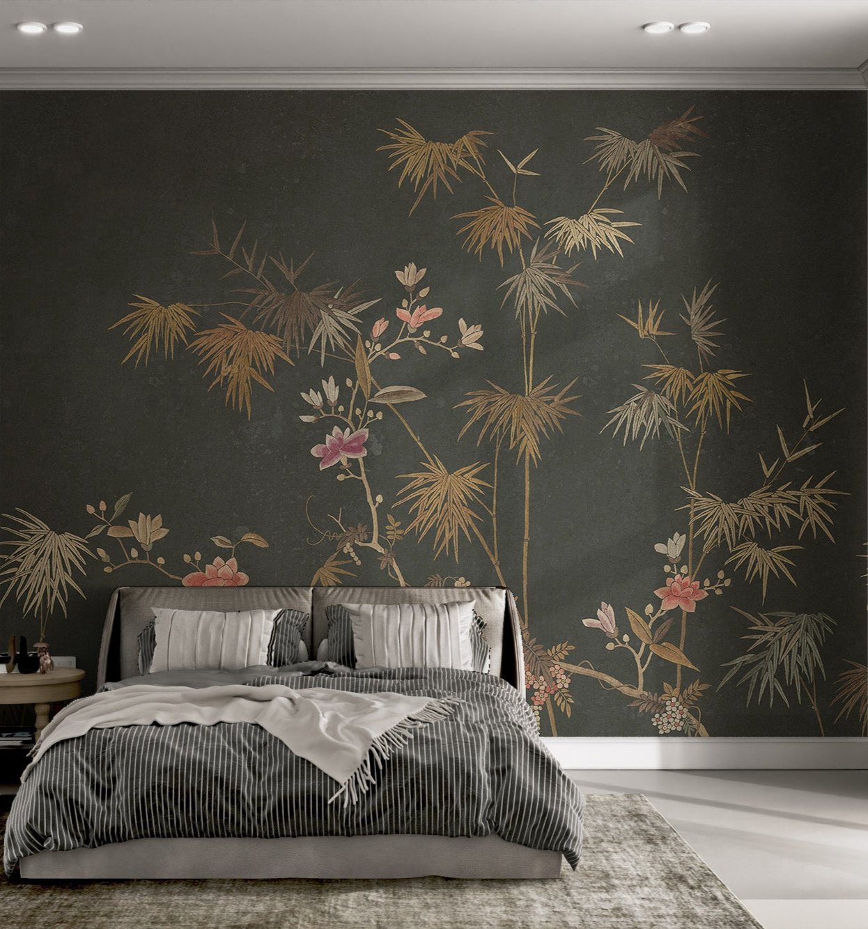 Botanical themed wall mural with mustard yellow bamboo for bedroom.
