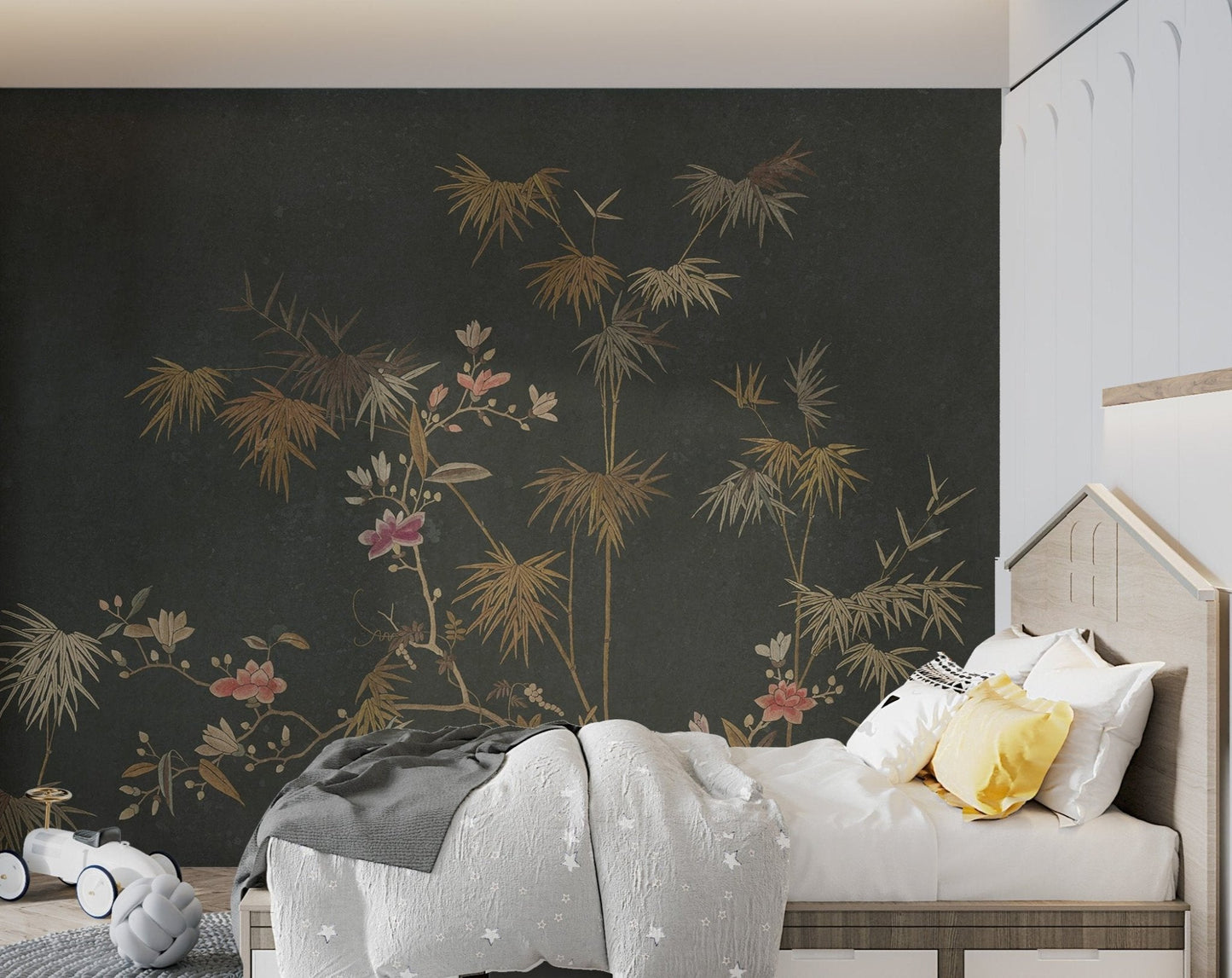 Hand-painted effect floral wall mural with bamboo stalks and petals